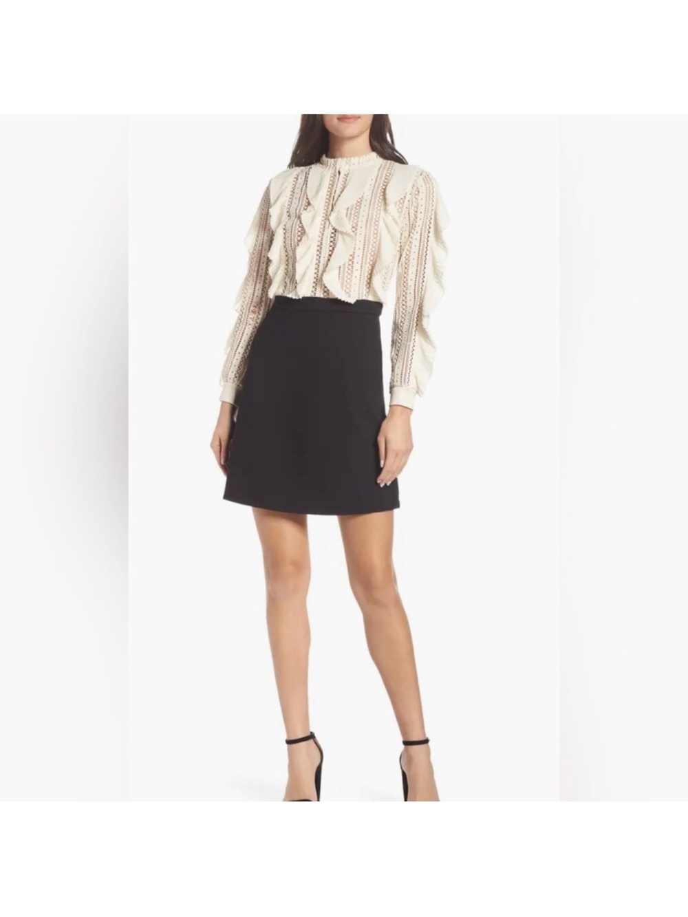 French Connection Cream Lace Ruffle Blouse with Black Skirt